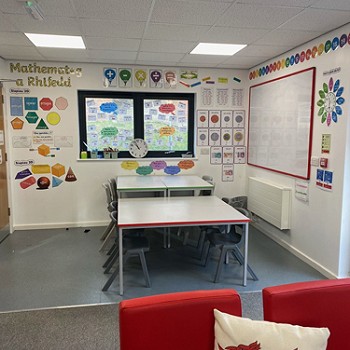 clustog baner Cymru ar soffa yn yr ystafell ddosbarth