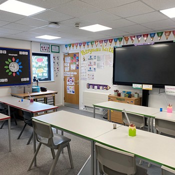 ystafell ddosbarth gyda theledu mawr yn y blaen
