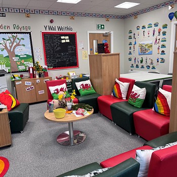 reading corner decorated with welsh themed accessories