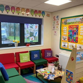 a reading corner with window above