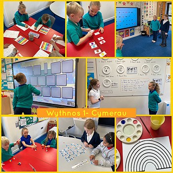 Casgliad o luniau o plant yn dysgu Cymraeg yn y dosbarth yn Cymerau