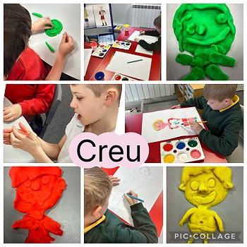 collage of images of students creating things out of clay