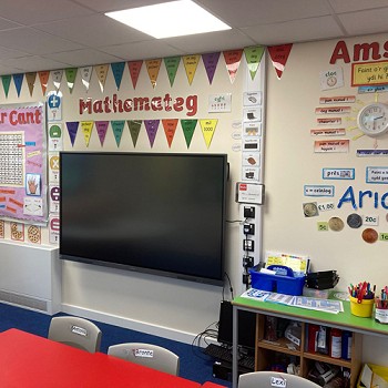 decorated classroom walls with a large tv in the center