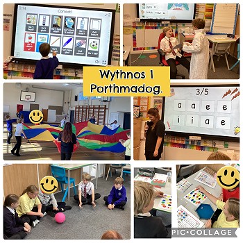 Casgliad o luniau o plant yn dysgu Cymraeg yn y dosbarth yn Porthmadog