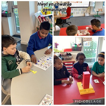 children in groups playing language games