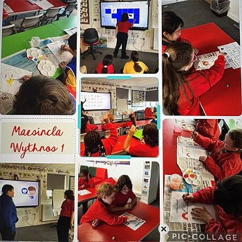 Casgliad o luniau o plant yn dysgu Cymraeg yn y dosbarth yn Maesincla