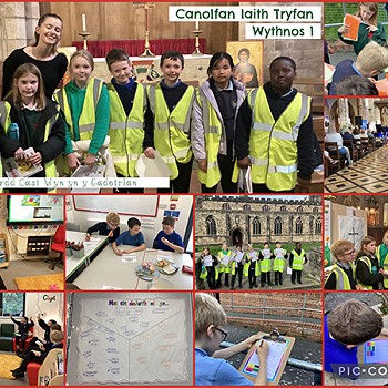 Casgliad o luniau o plant yn dysgu Cymraeg yn y dosbarth yn Tryfan