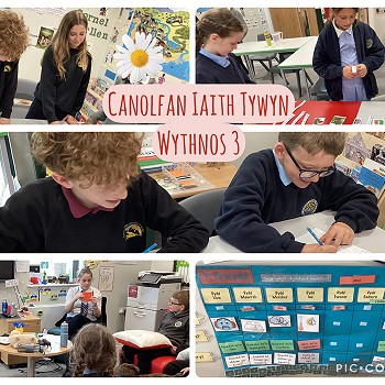 Cagliad o luniau o plant yn Canolfan Iaith Tywyn yn dysgu Cymraeg