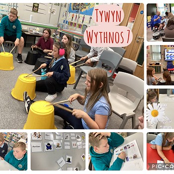 children doing music with buckets and wooden sticks