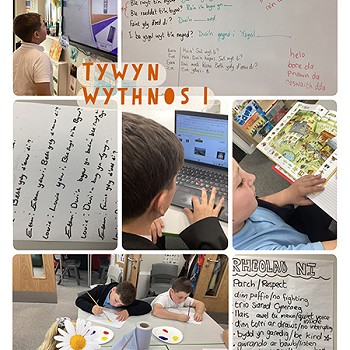 Casgliad o luniau o plant yn dysgu Cymraeg yn y dosbarth yn Tywyn