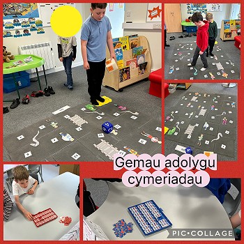 casgliad o ddelweddau o ddisgyblion Ysgol Dolgellau yn chwarae gemau