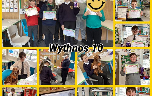 a collection of images of Ysgol eifionydd pupils holding their certificates