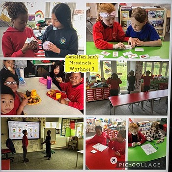 Cagliad o luniau o plant yn Canolfan Iaith Maesincla yn dysgu Cymraeg