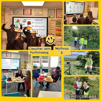 Cagliad o luniau o plant yn Canolfan Iaith Porthmadog yn dysgu Cymraeg