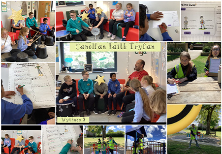 Collection of images of children in Tryfan Language Centre learning Welsh