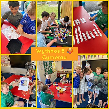 Collection of images of children in Cymerau learning Welsh by doing activities