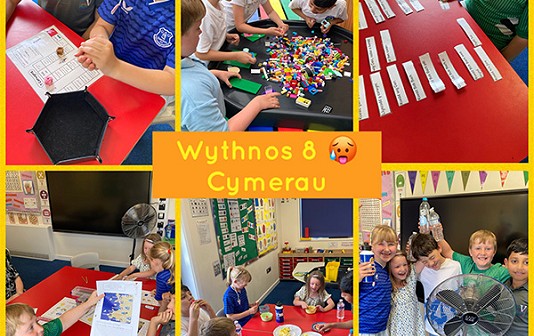 Collection of images of children in Cymerau learning Welsh by doing activities