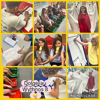 Collection of images of children in Dolgellau learning Welsh by doing activities