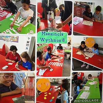 Collection of images of children in Maesincla learning Welsh by doing activities
