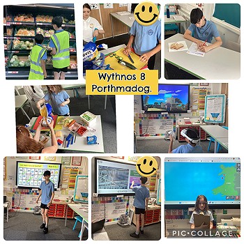 Collection of images of children in Porthmadog learning Welsh by doing activities