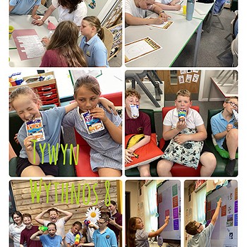 Collection of images of children in Tywyn learning Welsh by doing activities